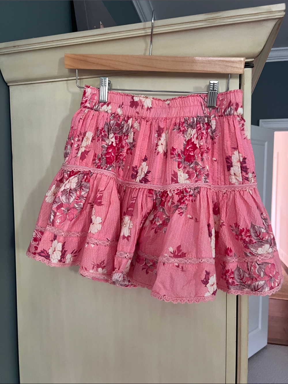 LoveShackFancy Rose Pink Floral Tiered Skirt